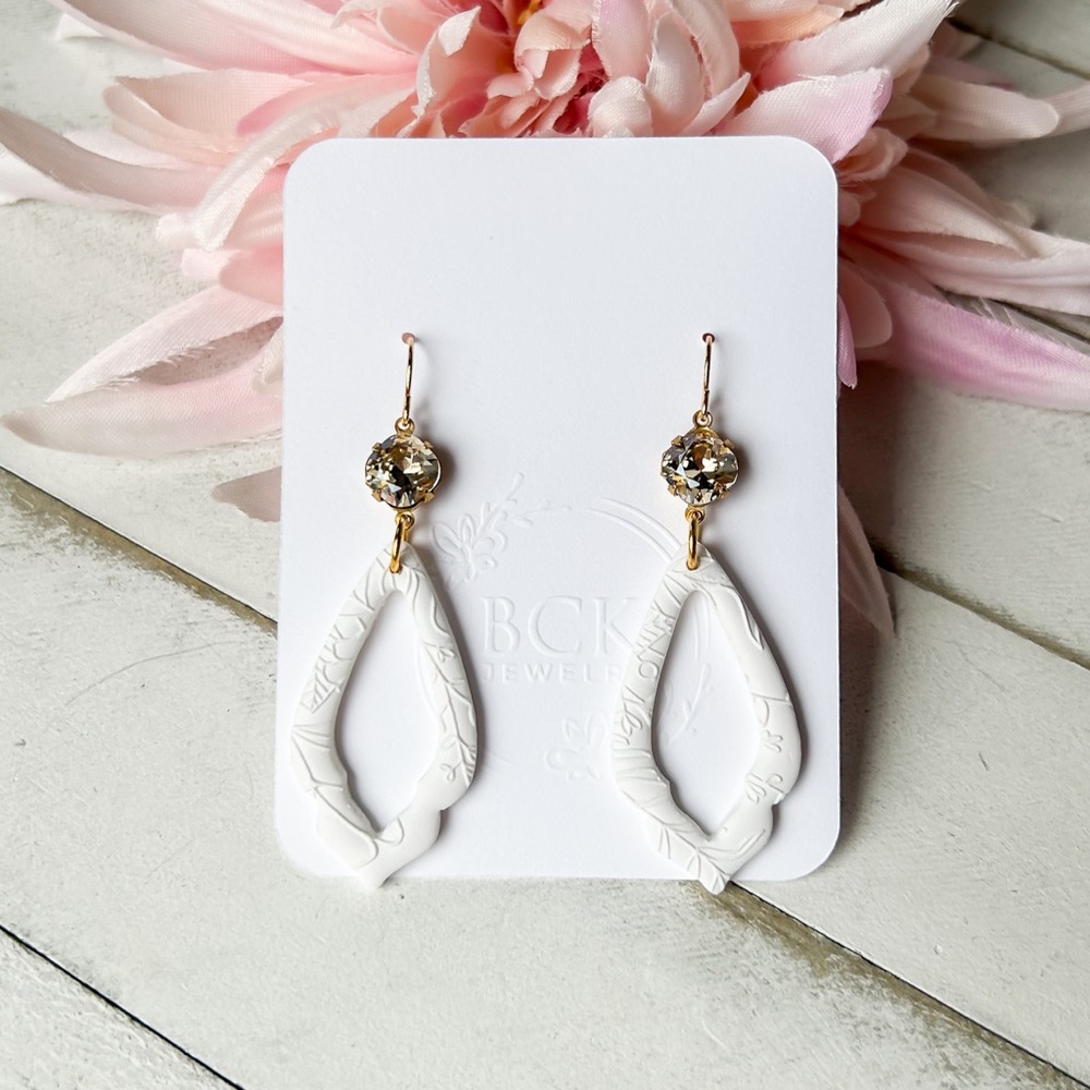 Handmade Polymer Clay Gold and White Drop Earrings, made in Canada